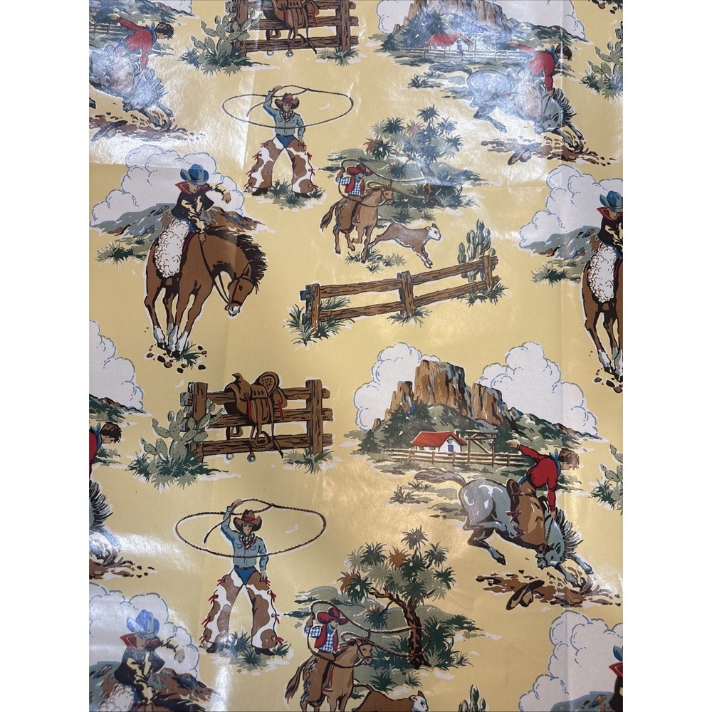 VTG Sheet of Cowboy Wrapping Paper 25 1/2x30 Horses Cow Saddle Wild West‎ Lasso